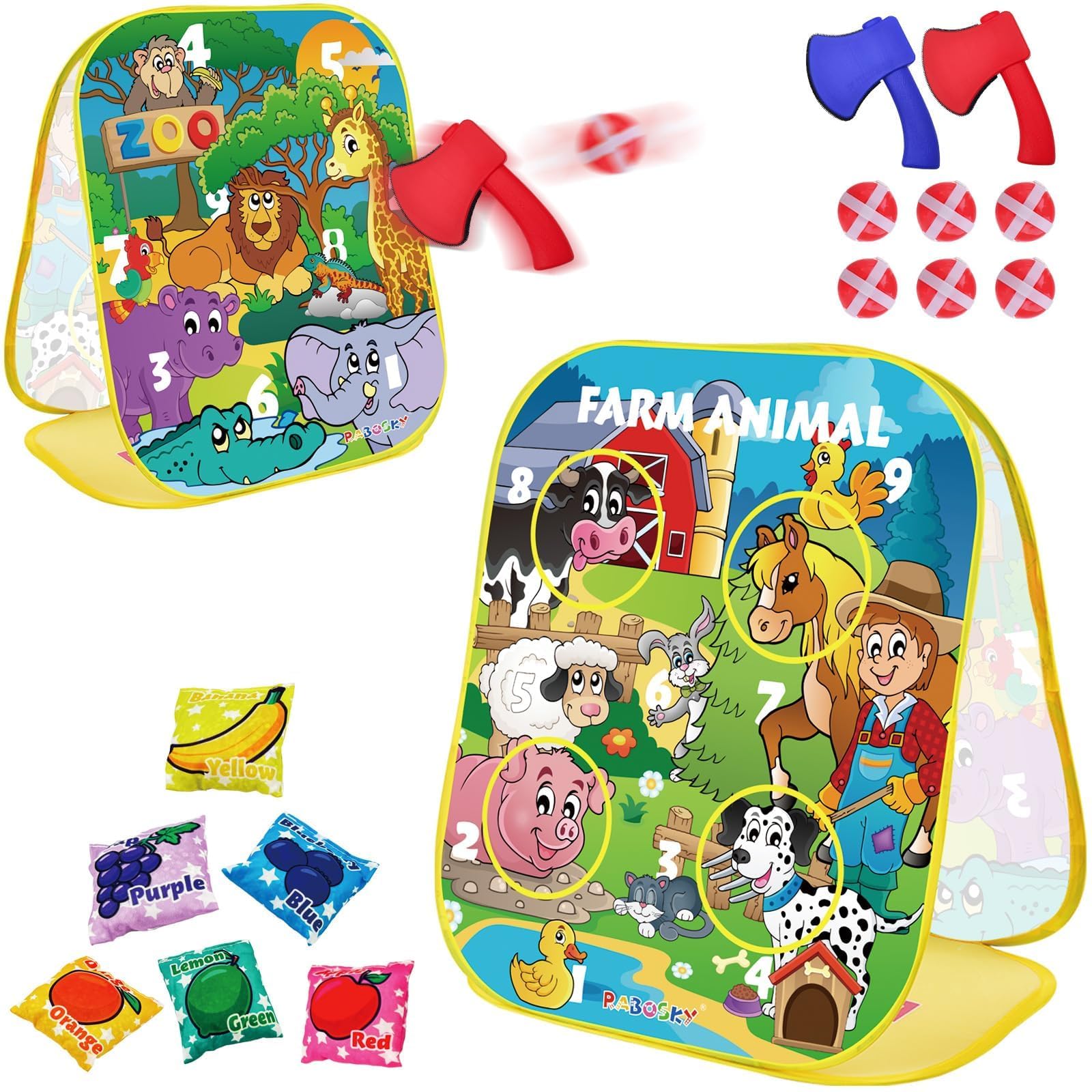 RaboSky 3-in-1 Farm Animals Bean Bags Toss Axes tossing Sticky Balls Game for Kids 2 3 4 5 Toddlers Indoor Outdoor Sports Activities Toys Gifts for Boys Birthday Easter Christmas Stocking Stuffer