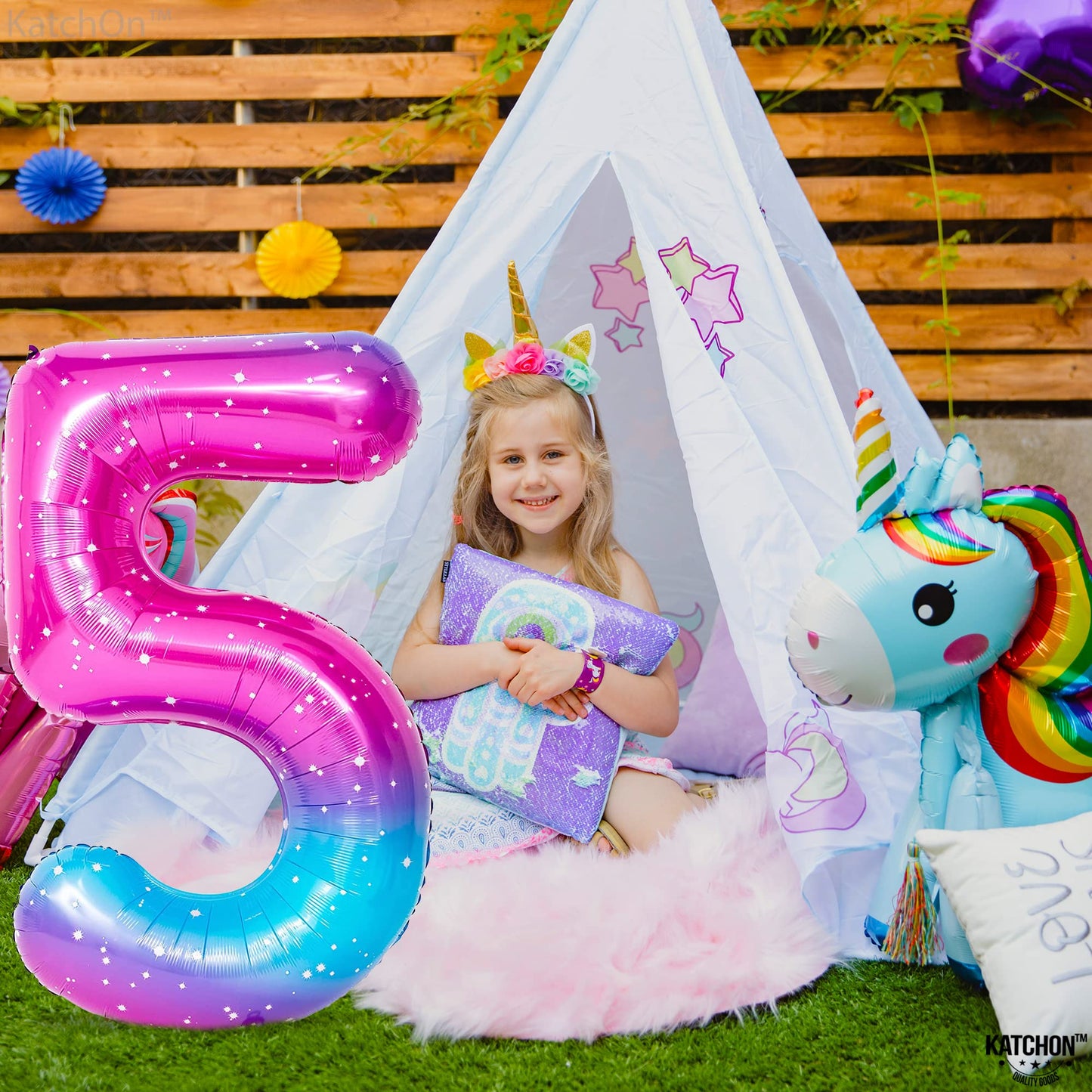 Katchon, Rainbow Number 5 Balloon - Giant, 40 Inch | Pink Blue Number 5 Balloons, Number 5 Birthday Decorations | Foil Galaxy Number 5 Balloon For 5Th Birthday Decorations Girl | 5Th Birthday Balloon