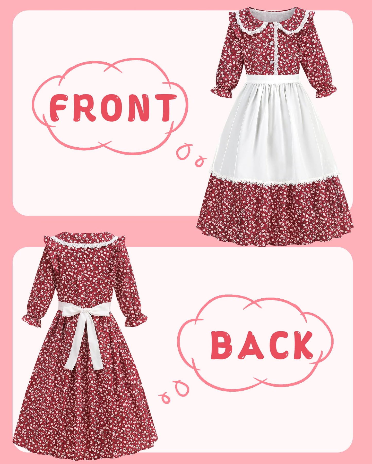 Aoiviss Girls Pioneer Costume Floral Colonial Prairie Dress for Little Kids with Apron and Bonnet, Dark Red