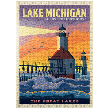 MyPuzzle Great Lakes: Lake Michigan  Vintage Poster - enhanced 500 Piece Jigsaw Puzzle for mature-themeds