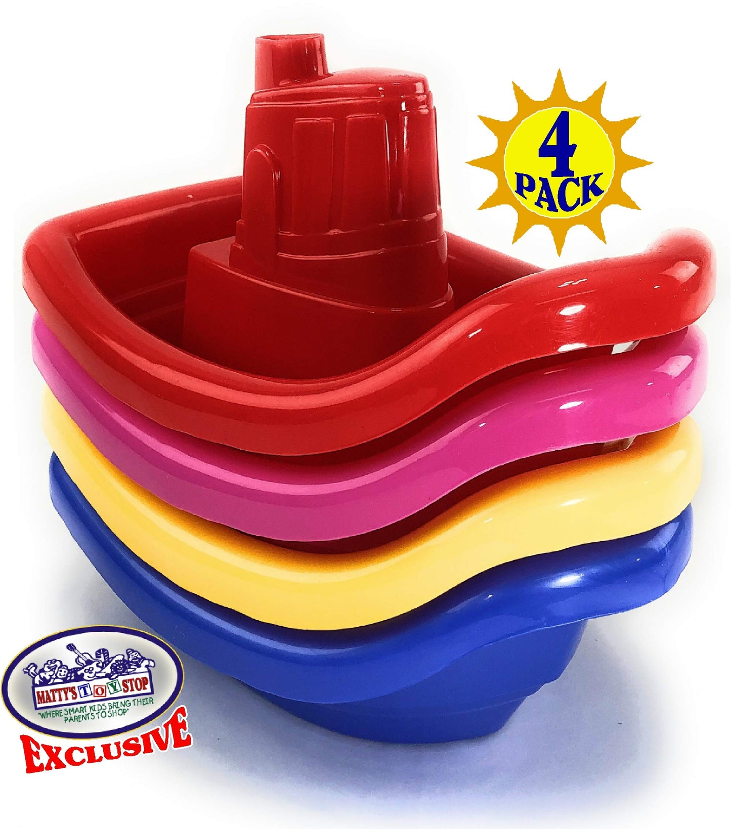 Matty'S Toy Stop Plastic Nesting/Stacking Tug Boats (11') Red, Blue, Pink & Yellow Gift Set Bundle, Perfect For Bath, Pool, Beach Etc. - 4 Pack