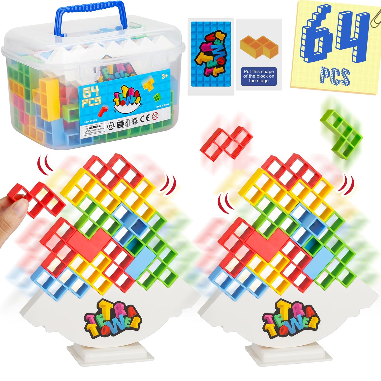 WOWNOVA Deluxe Tetra Tower Game - 64PCS Stacking Blocks for Family Fun, Includes Prize Wheel & Storage Box, Ideal for Kids & Adults