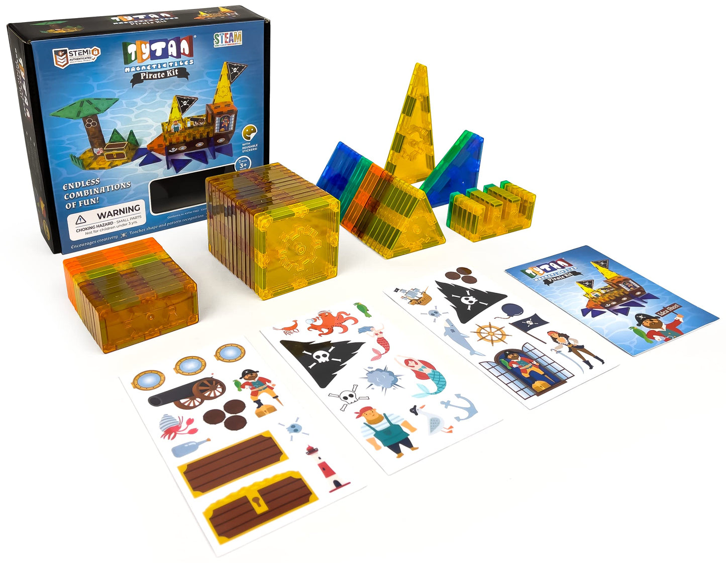 Tytan Tiles Pirate Ship & Island 60-Piece Magnetic Tiles Building Set, Fun Kids Stem Toy, Creative Play, Shape & Pattern Recogni