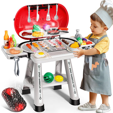 68 Pcs Toy Bbq Grill Set For Kids, With Light, Sound & Play Food, Kids Grill Playset Kitchen Toys Set, Birthday Gifts For 2-6 Ye