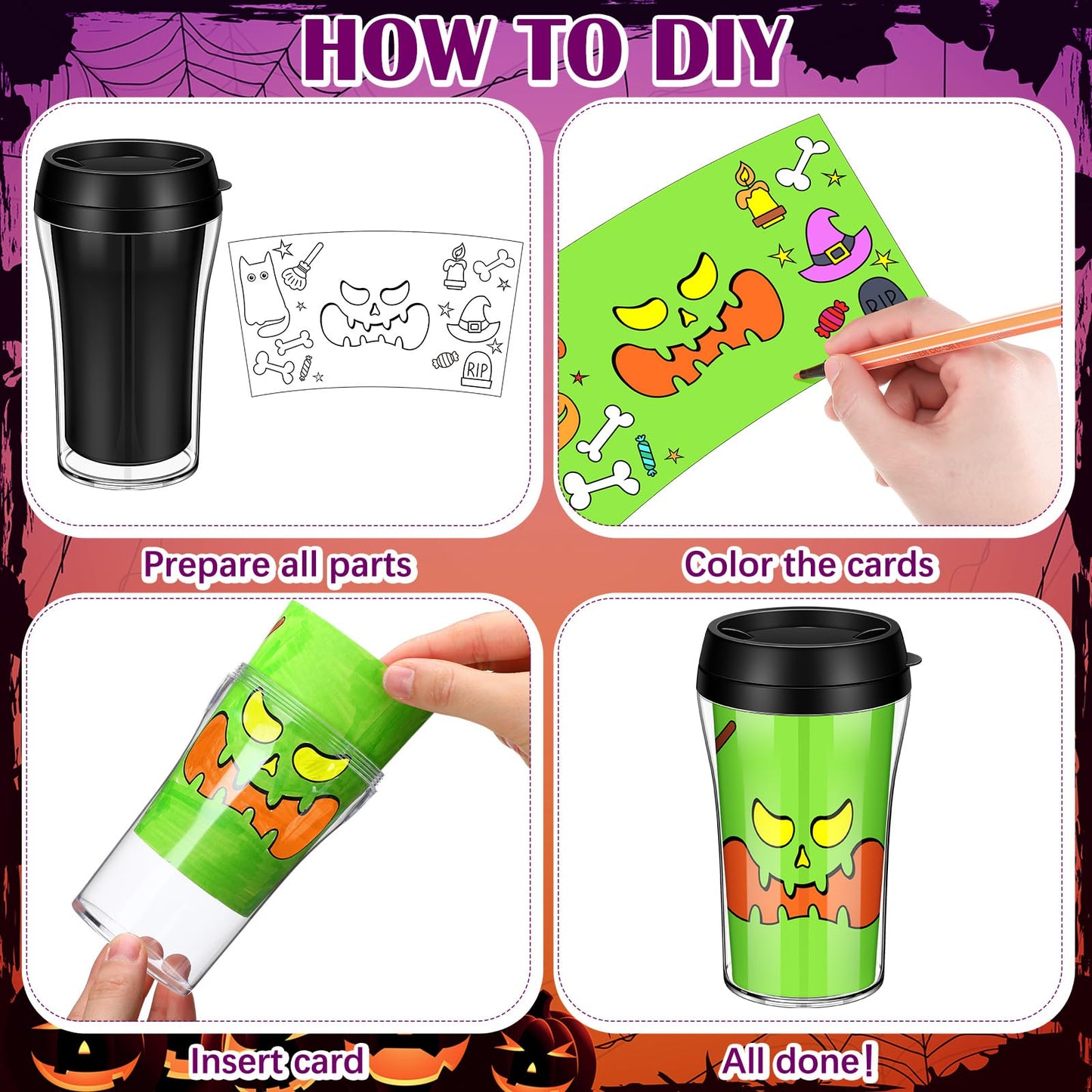 Yiyiring 12 Set Color Your Own Jack O Lantern Panting Cups - 10 oz Plastic Mug Crafts for Halloween Party Gifts & Home Project A