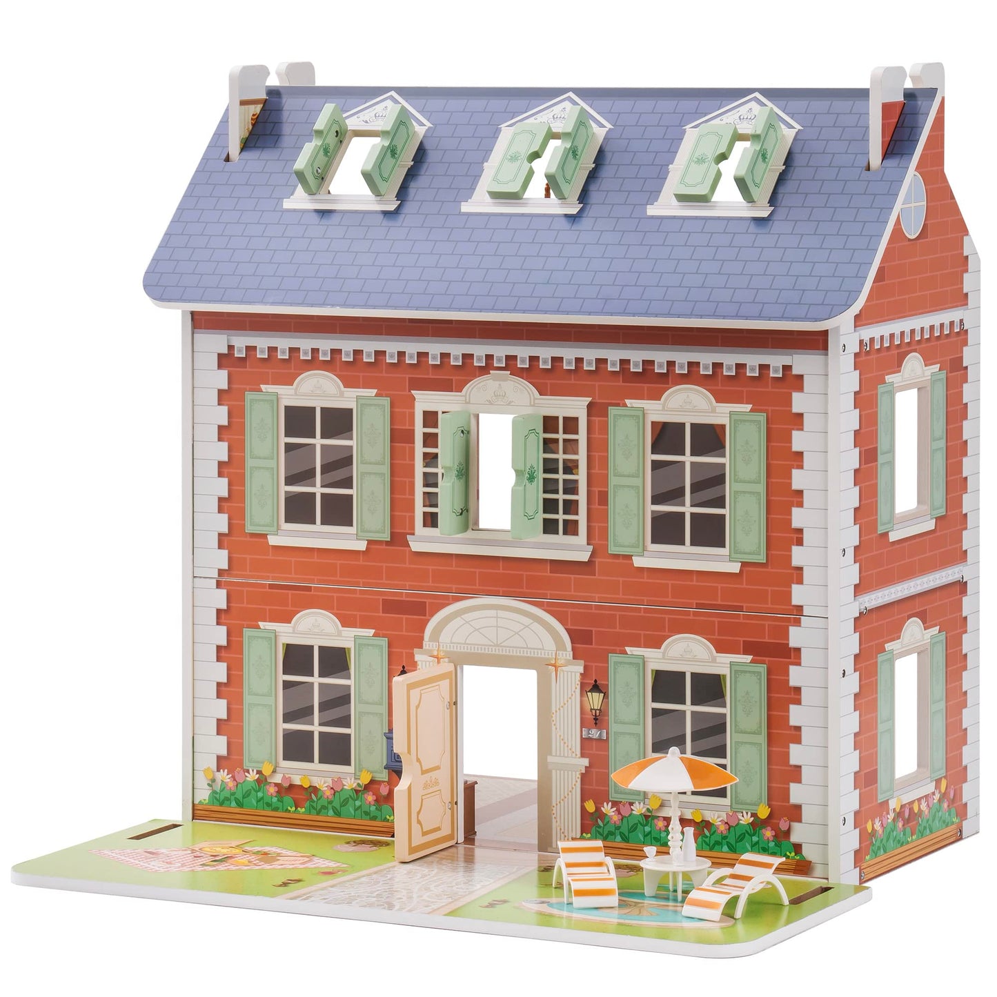 ROBUD Wooden Dollhouse for Kids, Pretend Play Toy, One Size, Orange & Green, Model RB-WDH07, Perfect for Ages 3-6