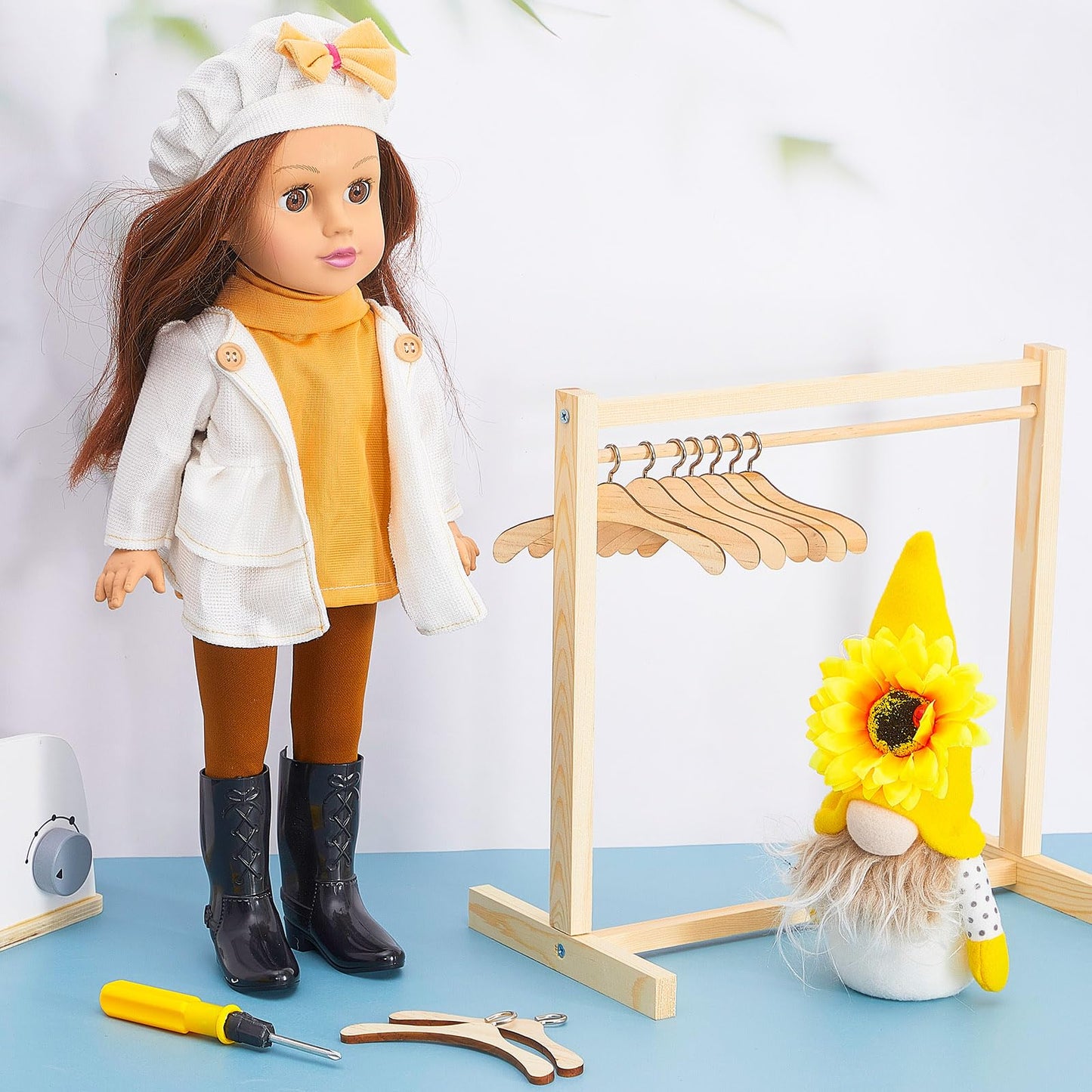 Civaner 44 Pcs Doll Garment Rack With Wooden Clothes Hanger For 18 Inch Girl Doll Clothes Mini Hangers Wardrobe Furniture Access
