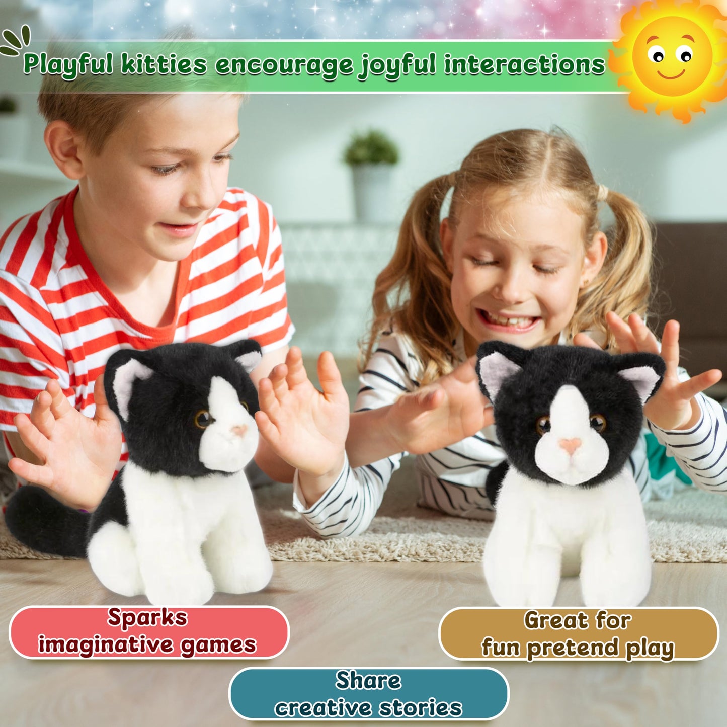 Forest & Twelfth 6'' Stuffed Black & White Cat, Soft Plush Toy, Cute Stuffed Animal For Boys And Girls, Realistic Looking Small
