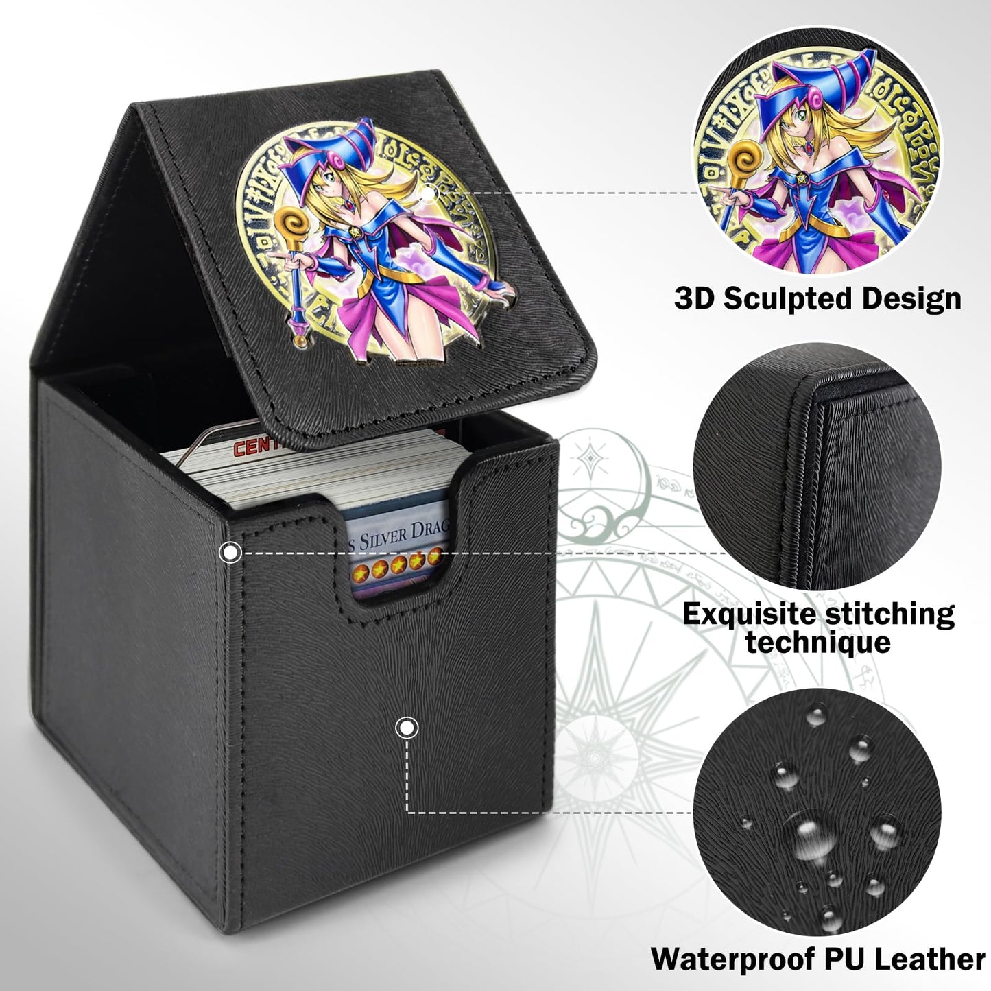 sabermaster 3D Deck Box for YGO MTG - Leather Storage for 110 Cards, 38.45 cu in, Dark Magician Girl Design
