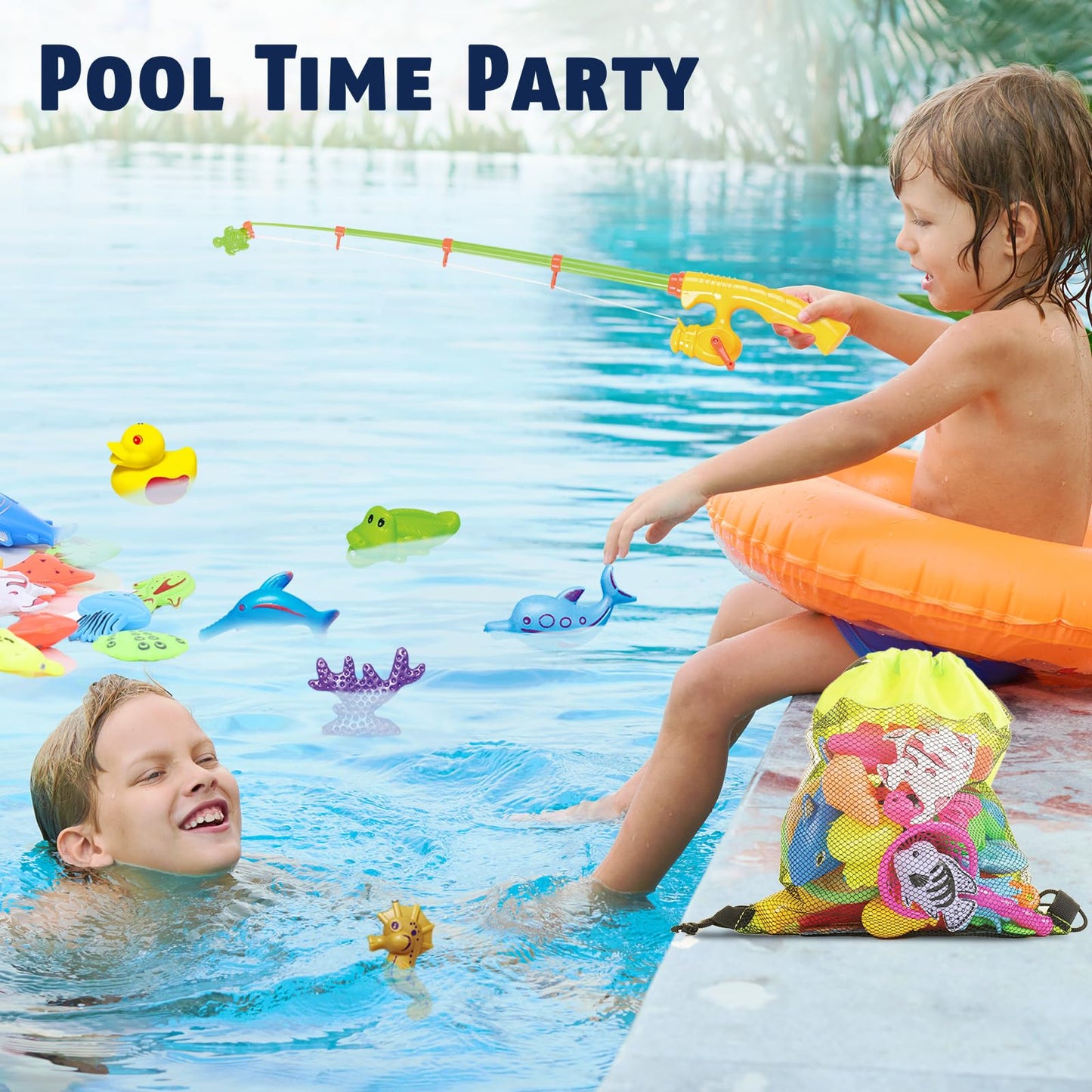 Cozybomb Kids Pool Fishing Toys Games | Summer Magnetic Floating Toy Magnet Pole Rod Fish Net Water Table Bathtub Bath Game, Lea