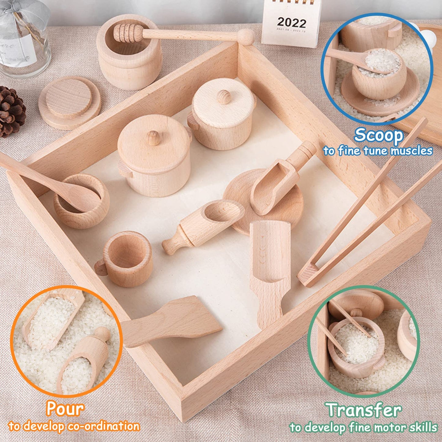Montessori Sensory Bin Tools Toy With Wooden Box For Toddlers, Pretend Play Dish Toys Wooden Bowls Scoop Tongs Transfer Work Pouring Set, Kids Fine Motor Skills Development