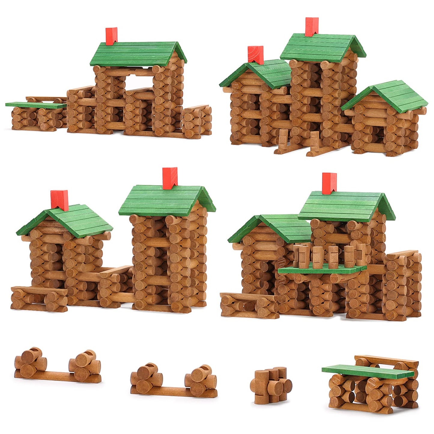 SainSmart Jr. Wooden Log Cabin Set - 665 PCS STEM Building Toy for Toddlers, Brown, Model 20-354, Compatible with Lincoln Logs