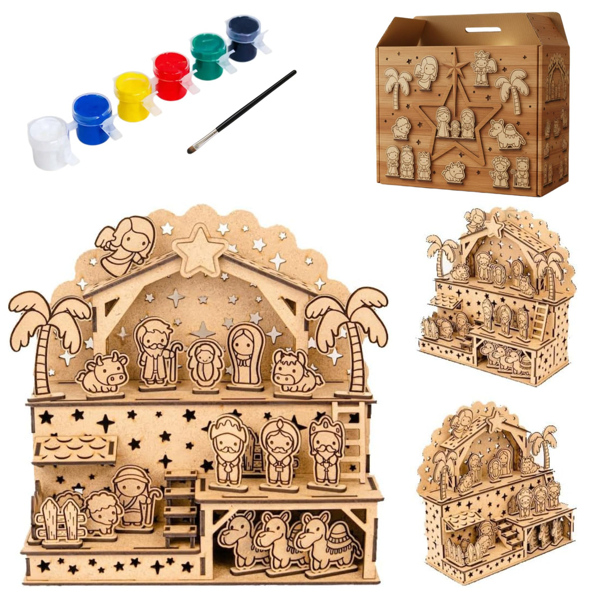 Bagji Toys Diy Wooden Nativity Scene Painting Kit For Kids & Adults | Christmas Crib Craft Set With PreCut 70 Wooden Pieces | I