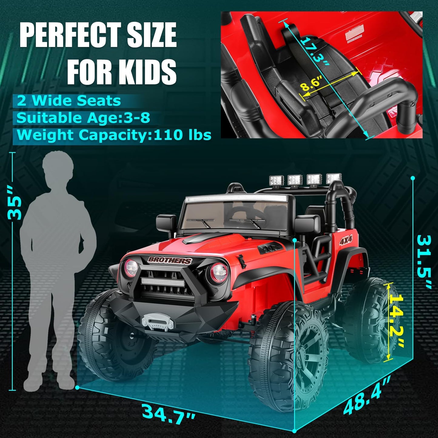 Hikole 24V 9Ah Ride On Car For Big Kids 4-8, 2 Seater Kids Electric Cars Toys With Remote Control, 2X200W Powerful Motors, 5Mph,