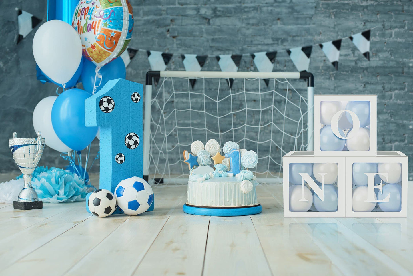 Baby Boy First Birthday Party Decorations 'One' Letters Individual Three White Transparent Square Boxes With 24 Balloons Decor F