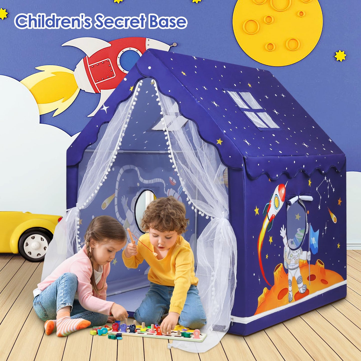 Kids Tent Blue Space Toddler Tent For Boys,Large And Foldable Kids Playhouse With Windows, Portable And Lightweight Play Tent In