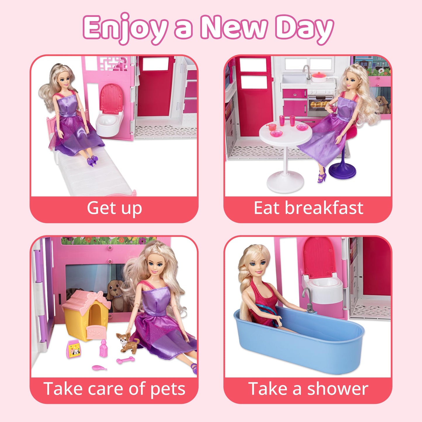 Portable Dollhouse Playset For 11.5 Inch, 2-Story Doll House With 25+ Pcs Dollhouse Furnitures & Accessories, Space Saving Playh