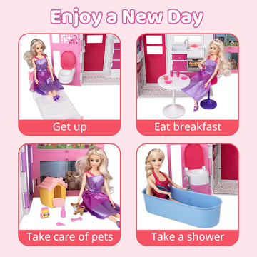 Portable Dollhouse Playset For 11.5 Inch, 2-Story Doll House With 25+ Pcs Dollhouse Furnitures & Accessories, Space Saving Playh