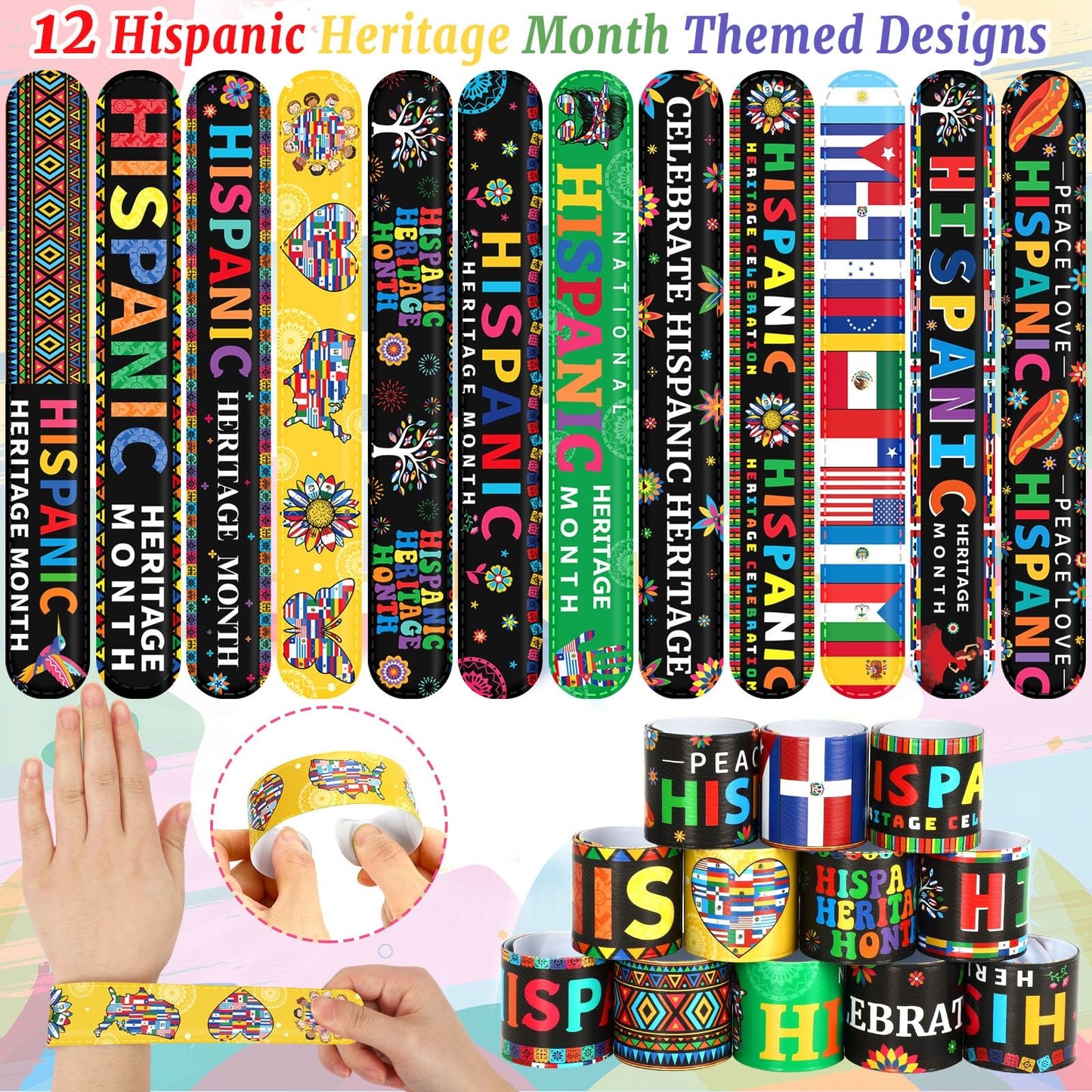 Junebrushs 50Pcs Hispanic Heritage Month Party Favors, Slap Bracelets And Silicone Wristbands Bracelets In Bulk For Kids Hispani