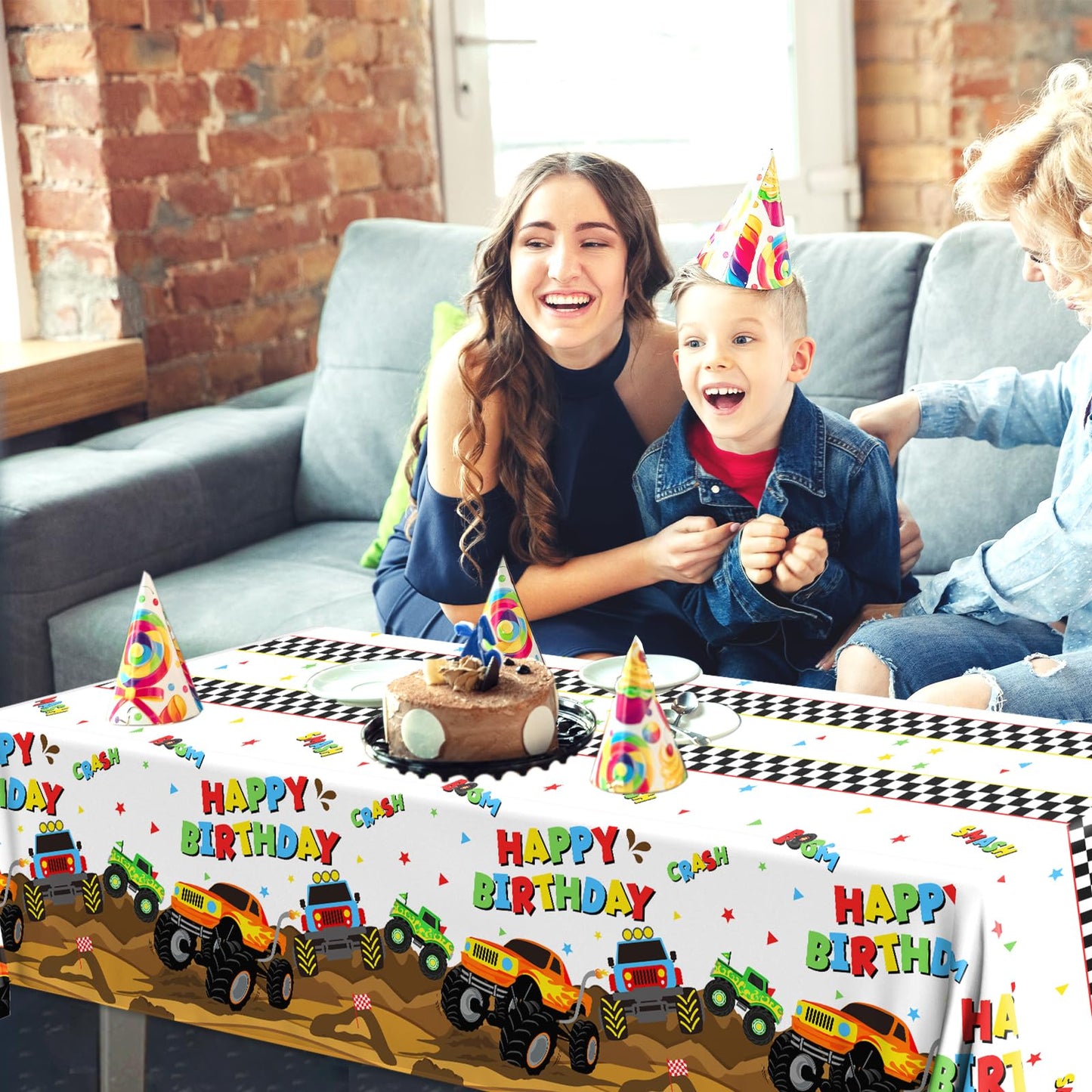 Dydamud Monster Truck Tablecloth,Monster Machine Birthday Party Supplies 3 Pcs Disposable Machine Truck Table Cover Checkered Ta