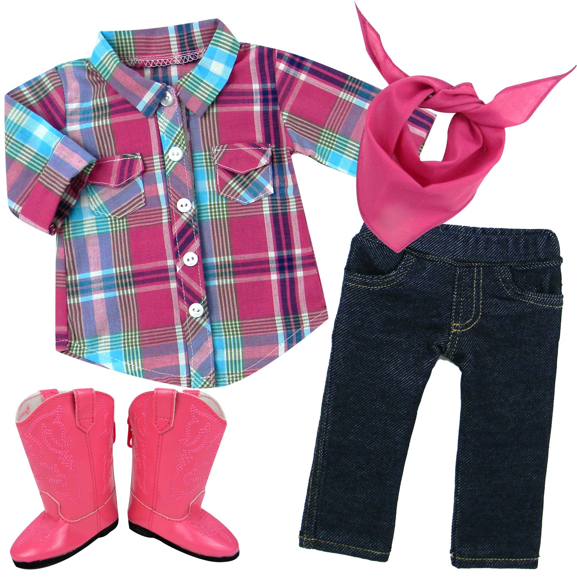 Sophia'S 18'' Doll 4 Pc. Western Outfit Plaid Shirt, Jeggings, Pink Boots And Bandana Outfit, Multicolor