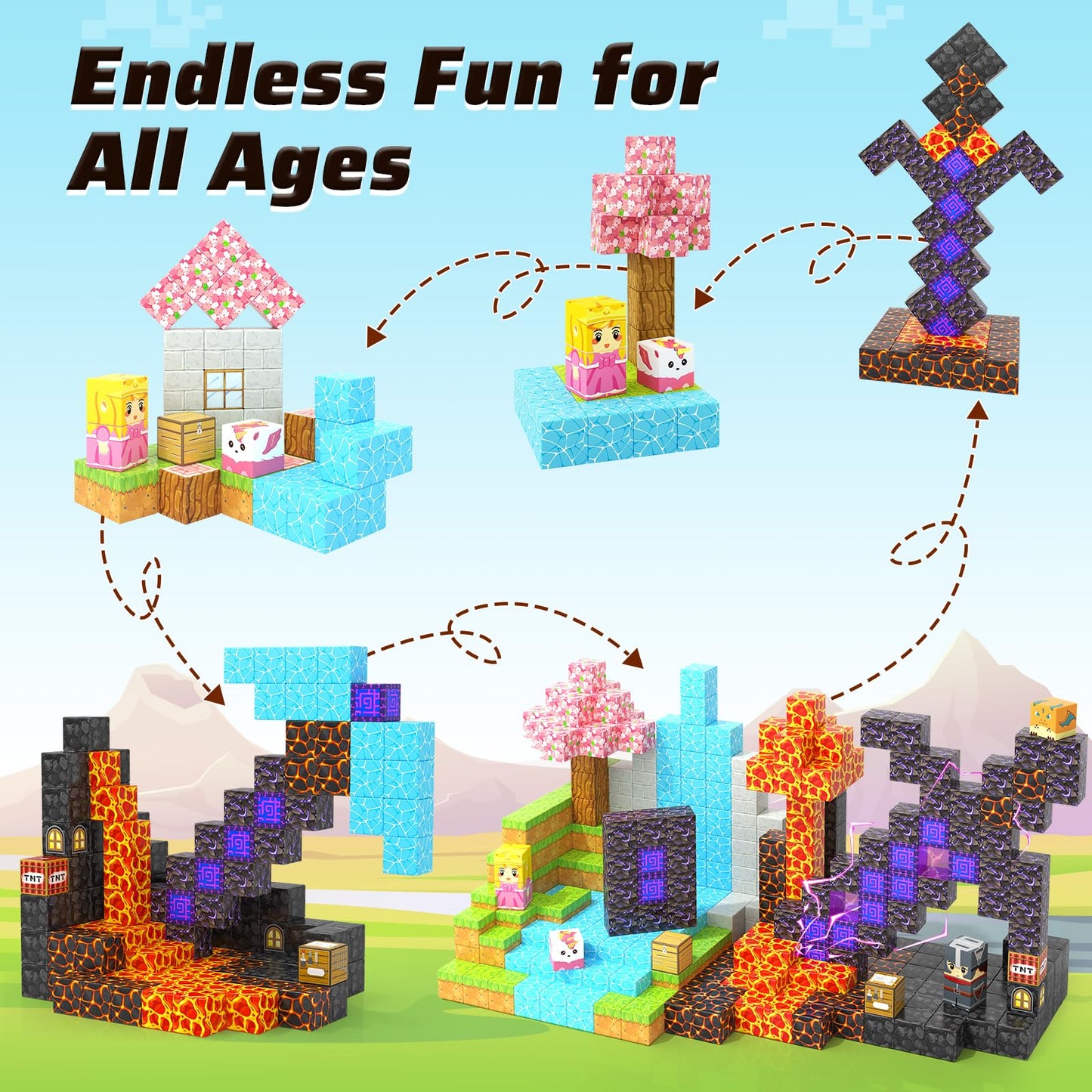 110PCS Magnetic Blocks - Build Mine Magnet World Magic decorative replica blade Portal Set  Magnet Kids Toys for Boys & Girls Age 3-5 4-8 5-7  STEM Magnetic Tiles Building Games Sensory Outdoor Toddler Toys