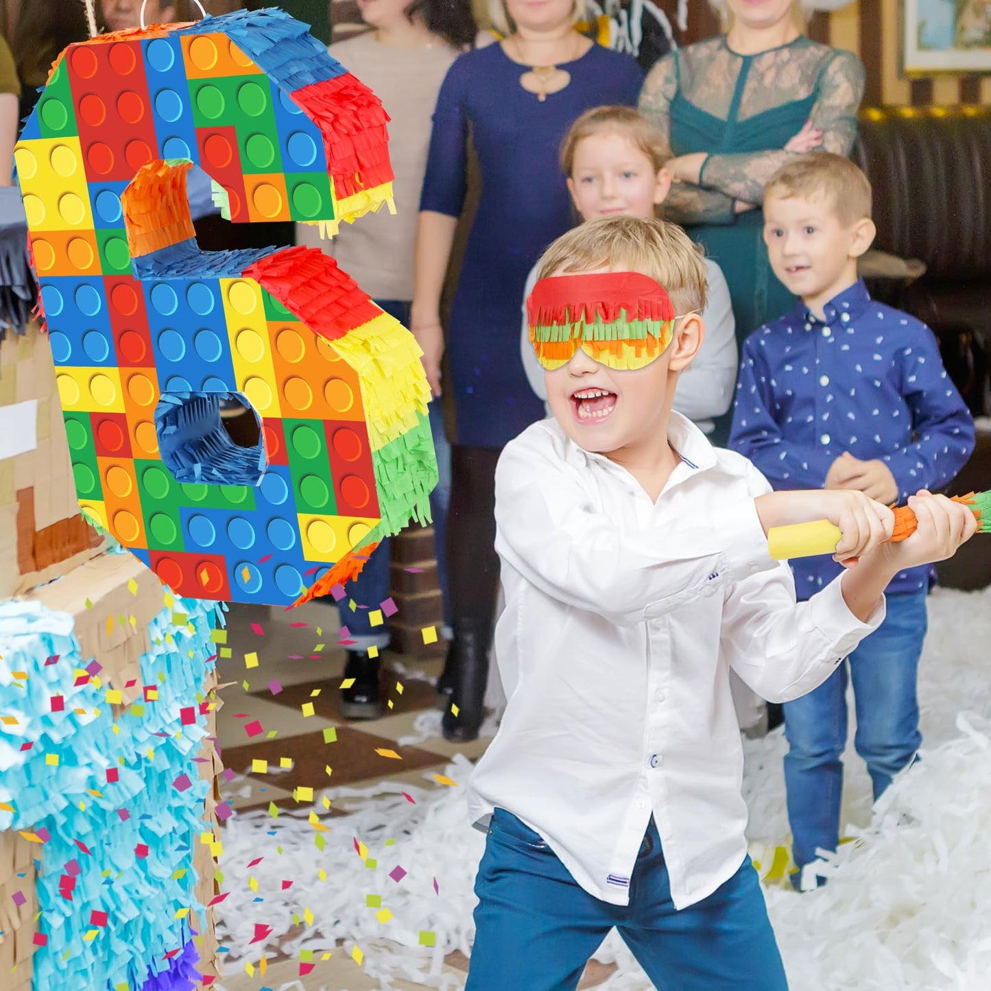 Hooqict Building Blocks 6th Birthday Pinata Set - Number 6, Cardboard, Multicolor, Includes Stick & Blindfold for Kids Party Supplies