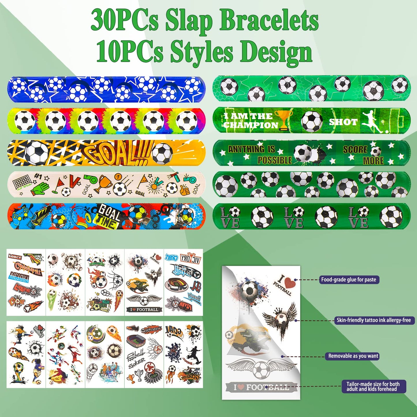 30Pcs Soccer Slap Bracelets Party Favors with Soccer Tattoo Birthday Gifts Soccer Party Decorations Snap Band for Kids Boys
