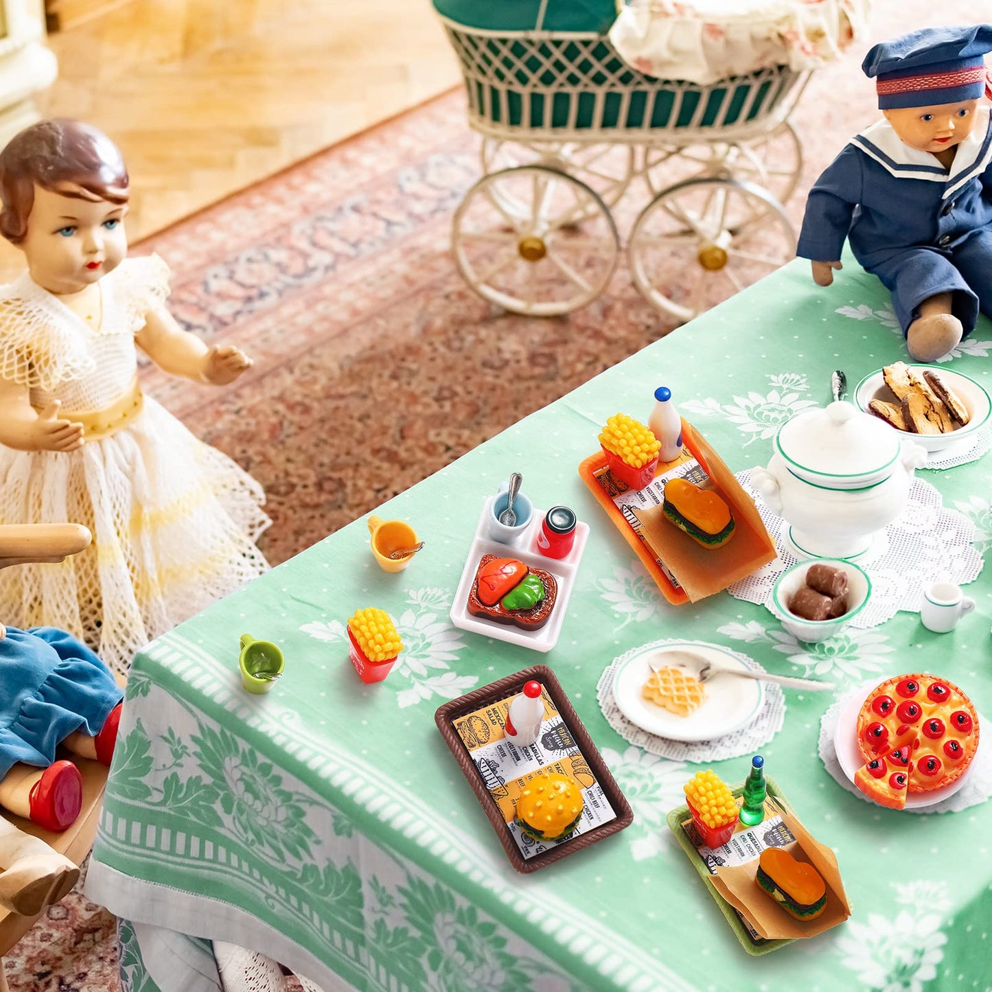 50 Pieces Dollhouse Miniature Fast Food Accessories Set Mixed Resin Food Drink Mini Hamburger Fries Juice Milk Bread Jam Cup Doll Kitchen Pretend Play For 1:12 Dollhouse And Cake Toppers Decor