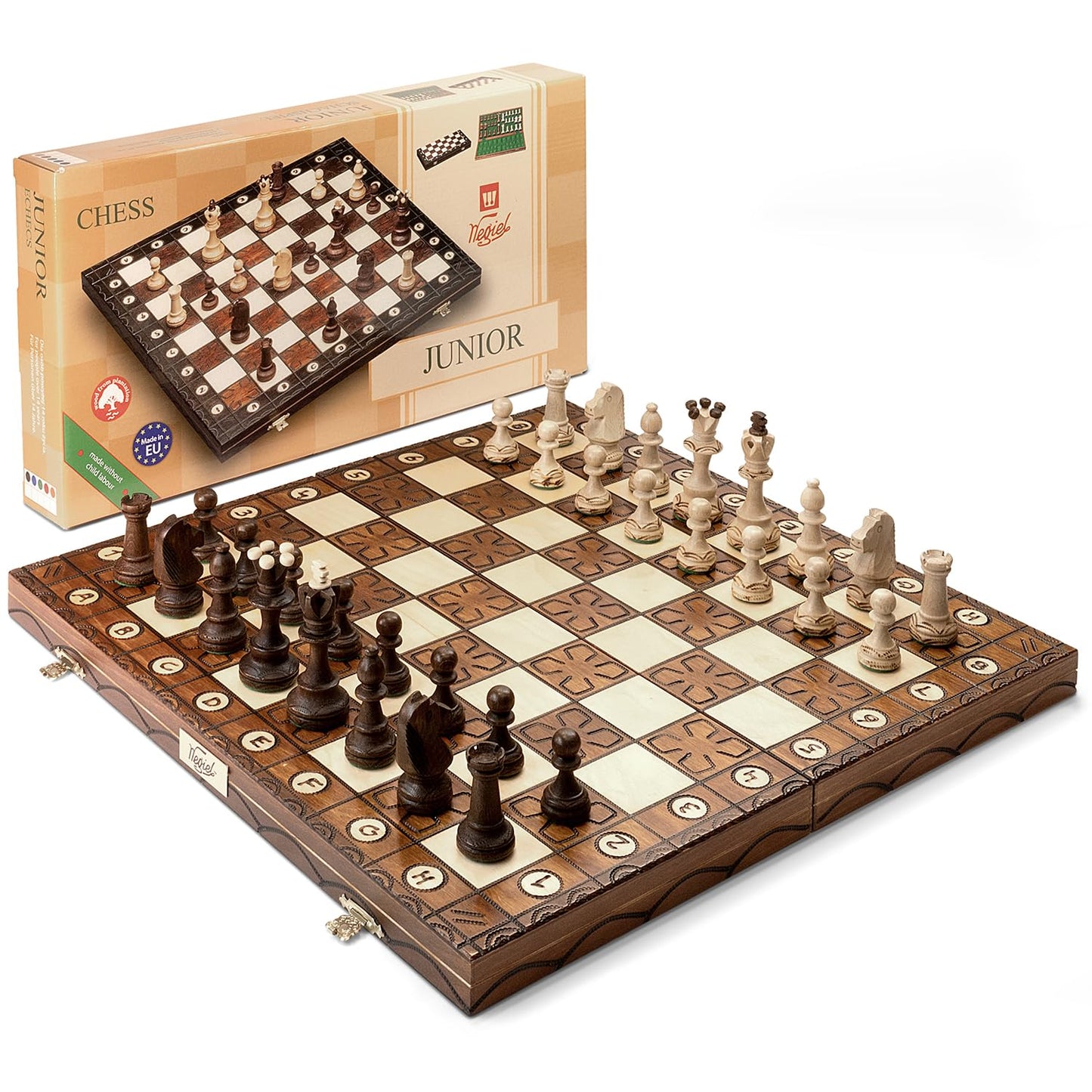Wegiel Handmade 16 Inch Wooden Chess Set - Luxury Beech & Birch for Adults & Kids, Unique Folding Design in Junior Color