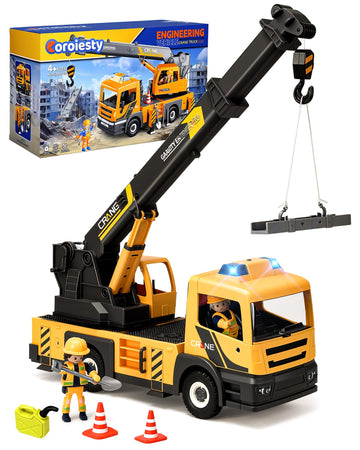 Coroiesty Large Crane Truck Toy with Extendable Crane Arm, Lights & Siren Sounds, Assemble Truck Engineering Vehicle Toy for Boy