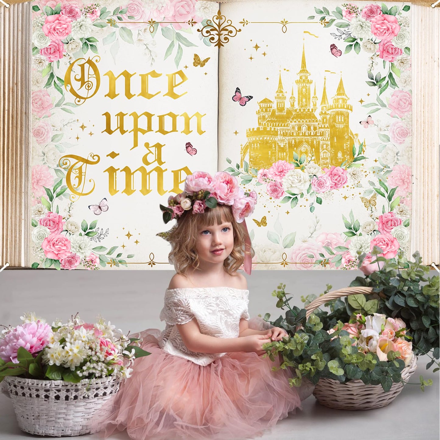 Avezano Once Upon a Time Backdrop Fairytale Book Backdrop Pink Floral Once Upon a Time Banner Ancient Castle Princess Birthday P