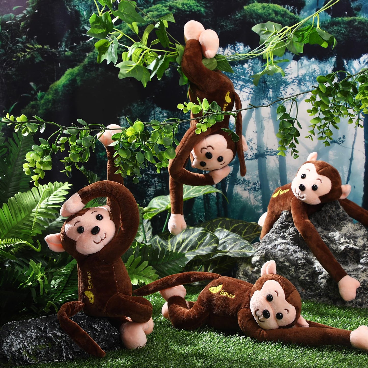 4-Pack 17.8' Hanging Stuffed Monkeys With Hook & Loop Fasteners - Plush Toy Gifts For Teens & Adults, Plush Stuffed Animal Toys Soft Monkey Doll Decoration (Brown)