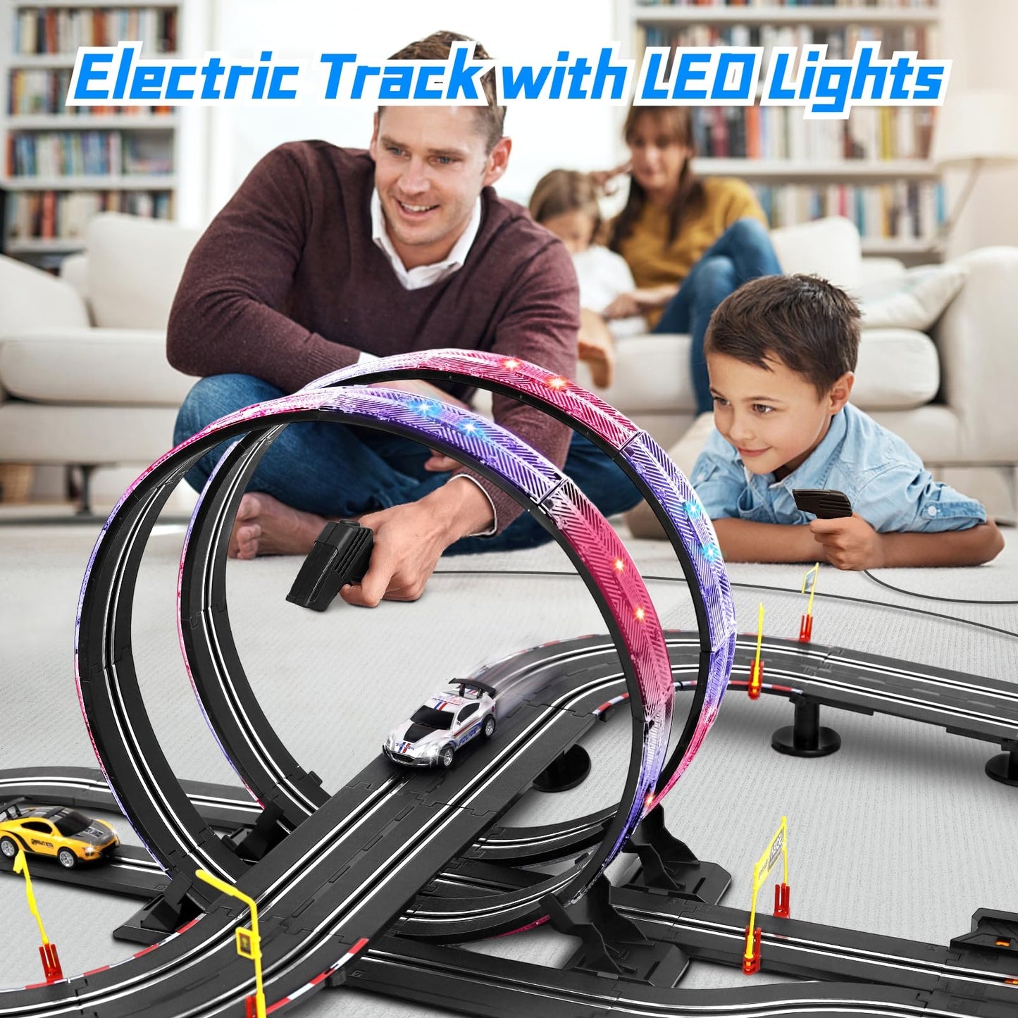 Slot Car Race Track Sets, 19Ft Electric Track With Led Lights And 4 Slot Cars, 2 Hand Controller And Racing Game Lap Counters, Race Track Set Features A Loop, Turns, And A Crossover For Boys Age 6-12