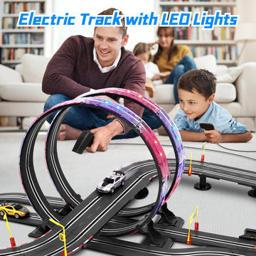 Pafolo Slot Car Race Track Set, 19ft Electric Track with LED Lights, 4 Cars, Black, Model PARC01A, Ideal for Boys Age 6-12