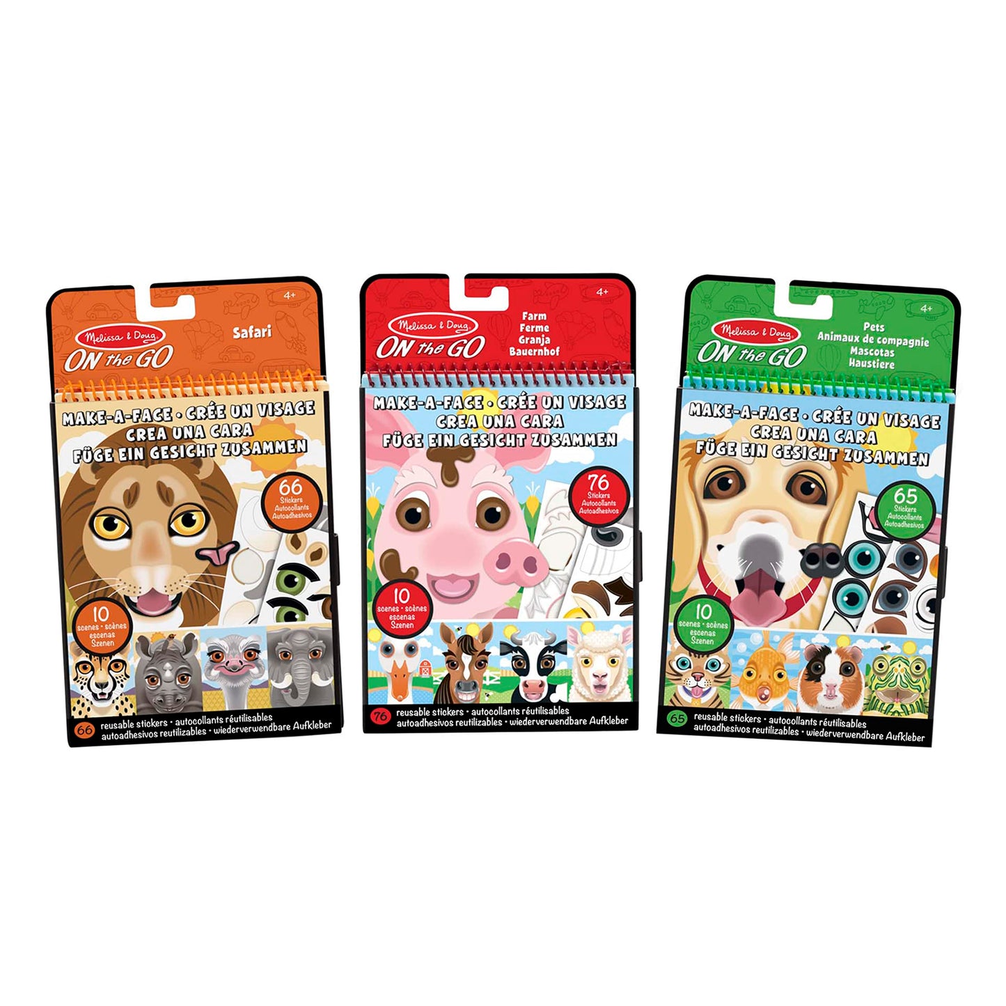 Melissa & Doug Make-a-Face Reusable Sticker Pad Animals 3-Pack (Safari, Farm, Pets) - Toddler Travel Toy Resuable Sticker Pads F
