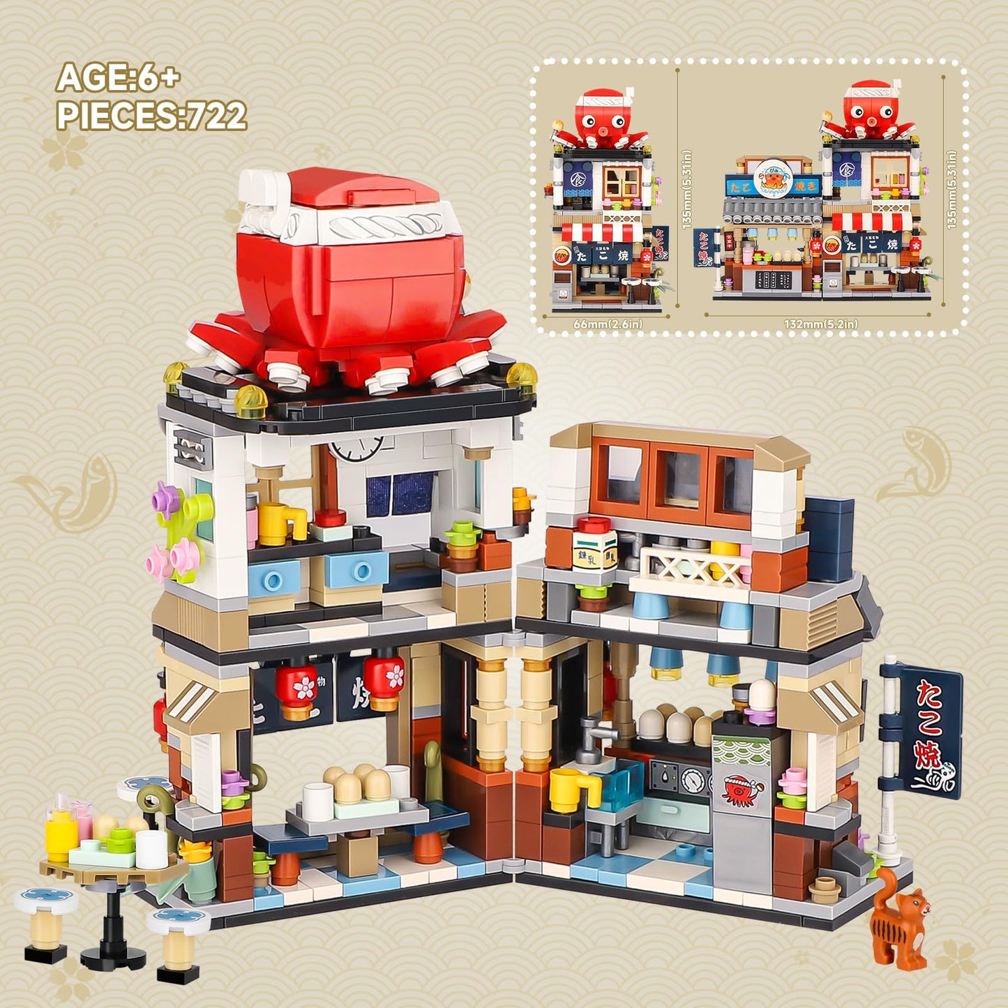 Japanese Street View Takoyaki Shop Mini Building Blocks, Moc Creative Japanese Toys For Girls 6-12 Years Old, 722 Pcs Simulation