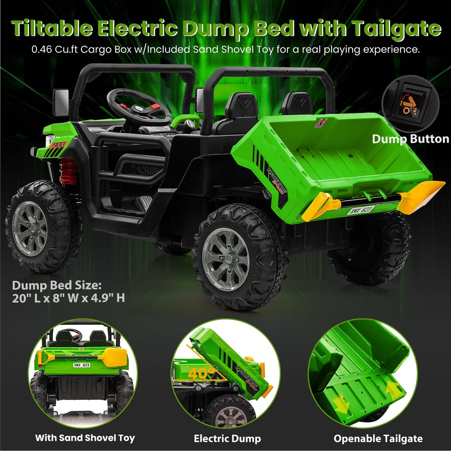Joyracer 24V 4Wd Ride On Car, 2 Seater Dump Truck W/4X200W Motor, Gift Flower, 2.4G Remote Control, 4 Wheeler, Bluetooth Music,
