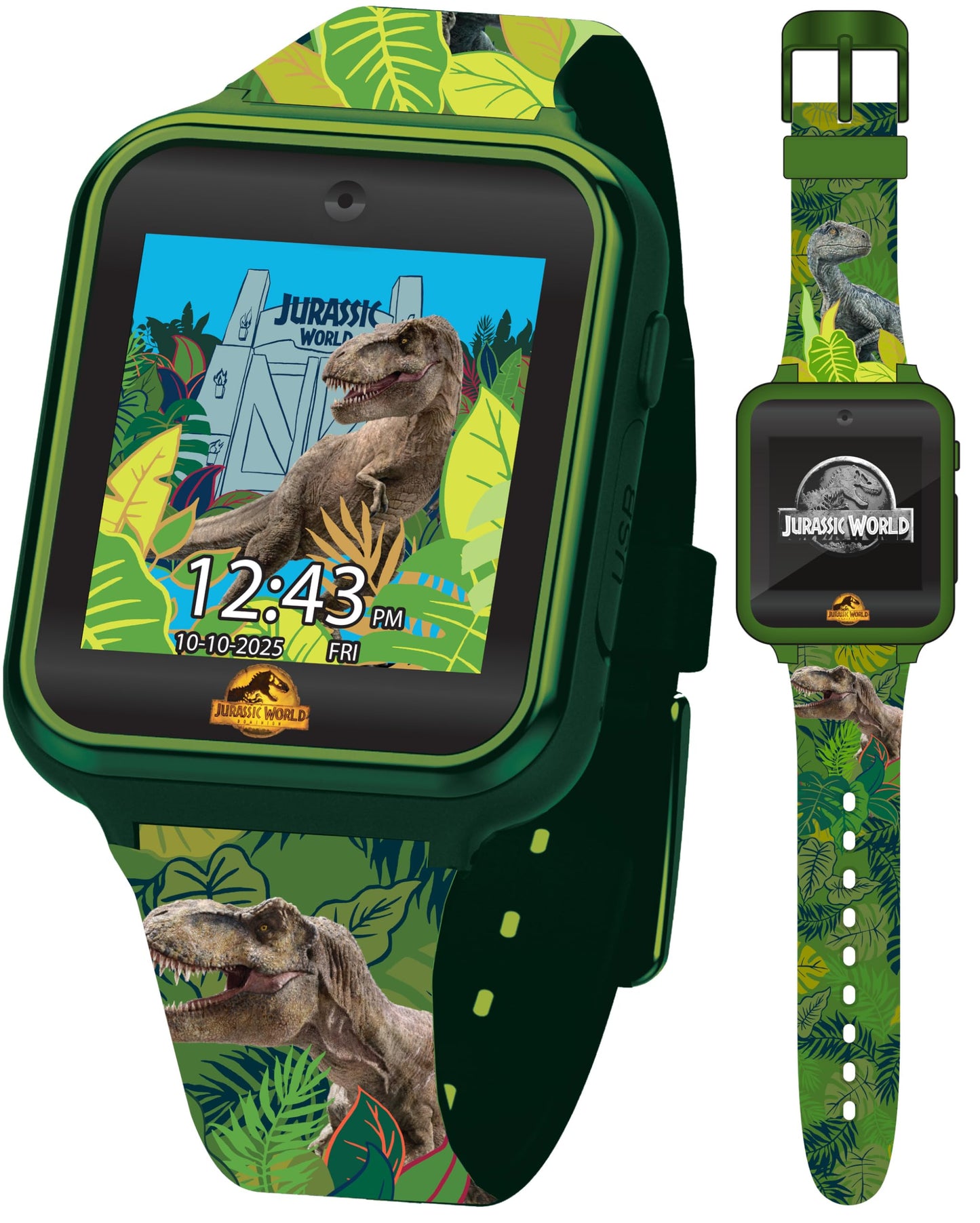 Accutime Jurassic World Kids Smart Watch - 10 Watch Faces, 3 Wallpapers, Interactive Games, Alarm, Camera, Voice Recorder, Calculator, Pedometer, Fits 5.5'-8.0' Wrists