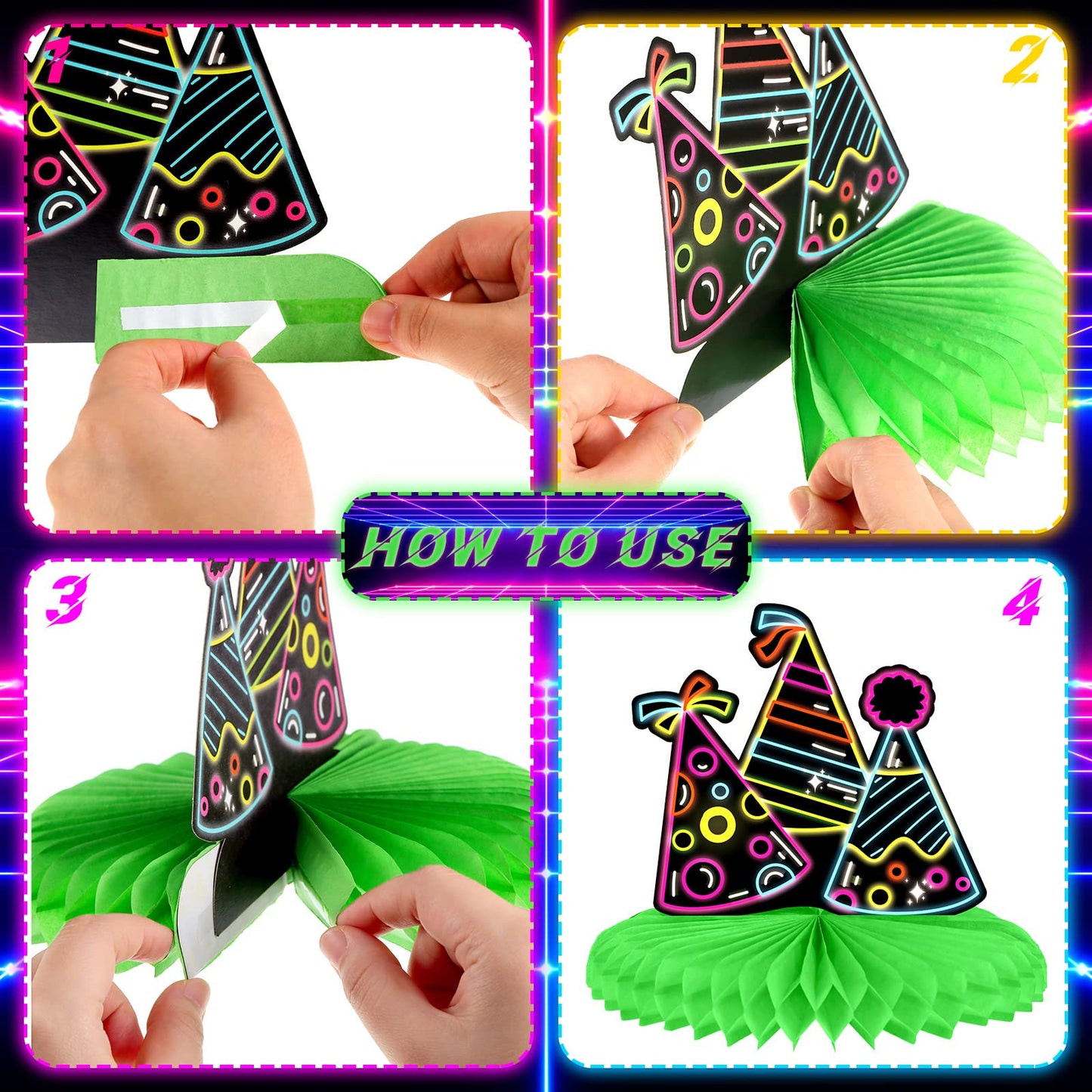 Chinco 6 Pcs Glow Party Birthday Centerpieces Neon Birthday Decorations Honeycomb Birthday Centerpieces Neon Centerpieces For Tables Neon Birthday Party Supplies(Classic)