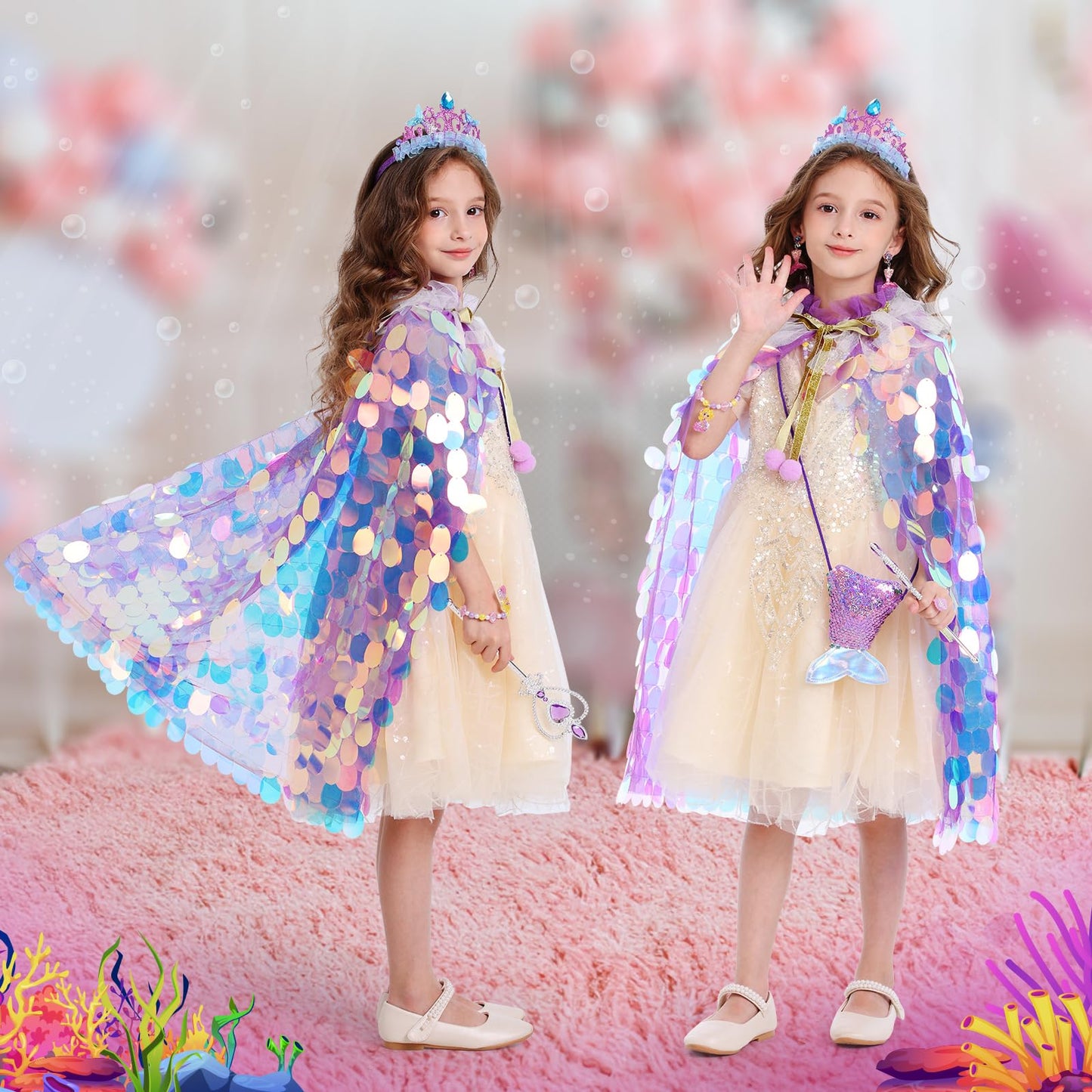 LIMIROLER Princess Dress Up Toys Princess Dress Up Clothes Rainbow Mermaid Cape Kit 9 Pcs Gift Set for Little Girls 3-8 Years Ol