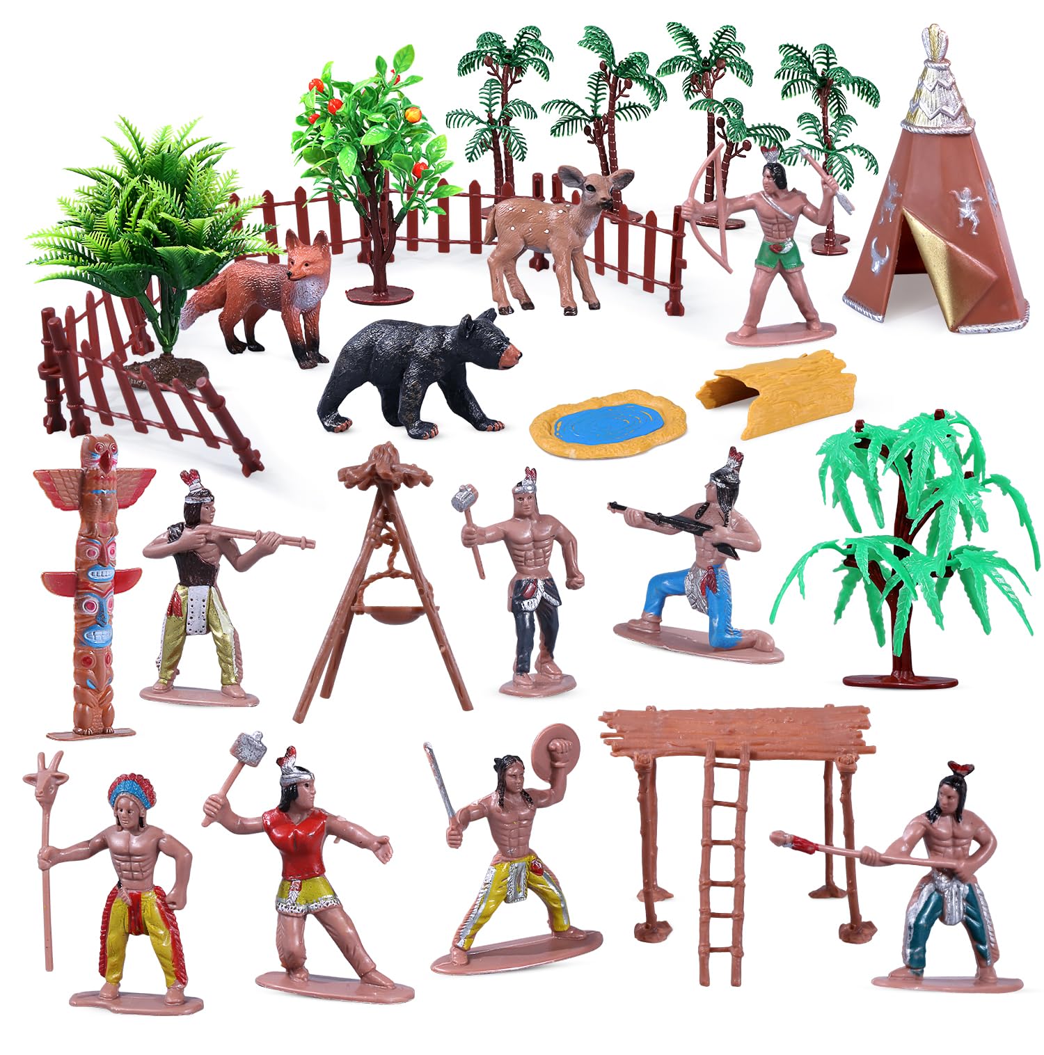 kukifun 31Pcs Native American Village Playset  Assorted Indigenous People Figures with Tepee  Totem Pole  Fence  Trees  Animals  Tribal Cultural History Educational School Project Toys for Kids