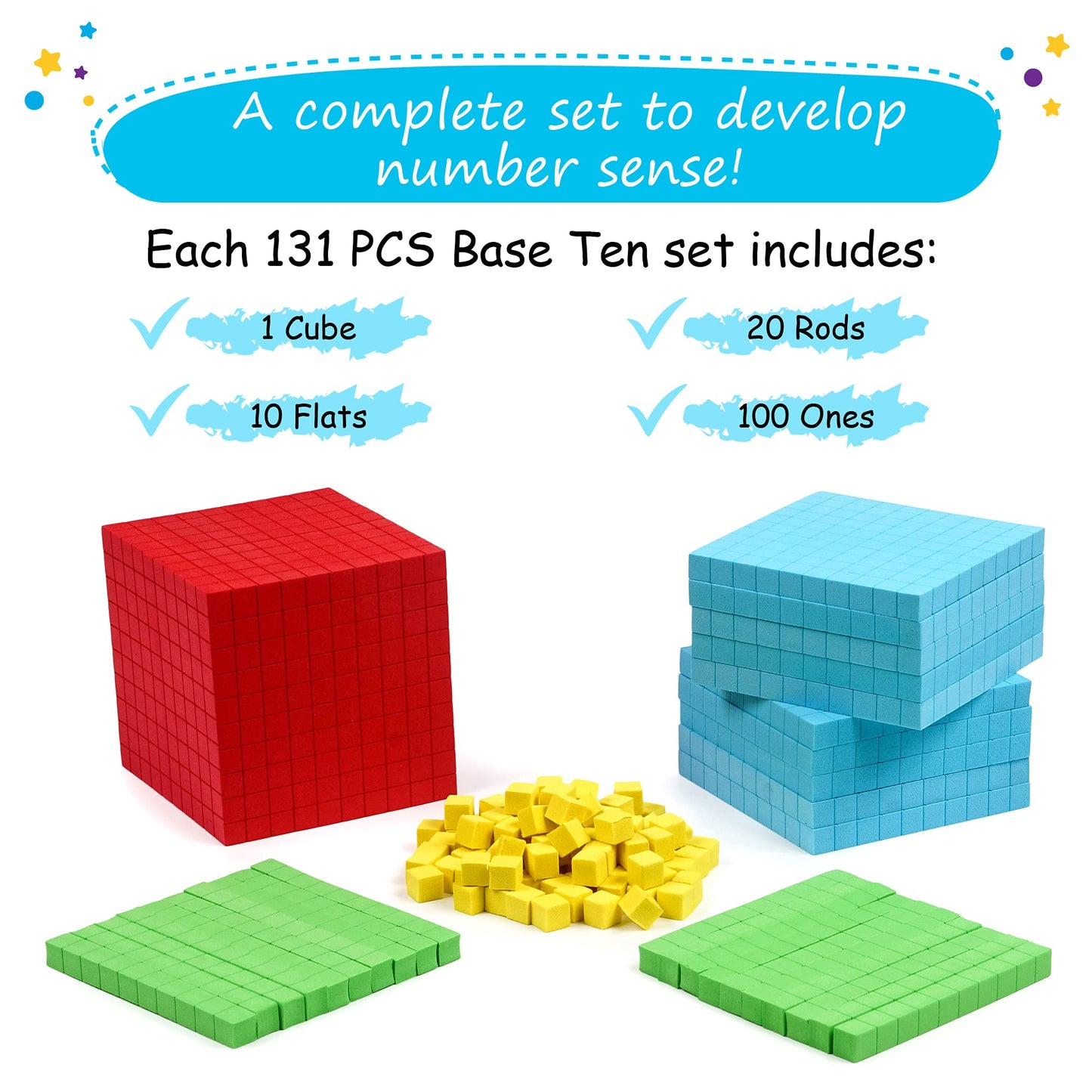 Simply Magic Foam Base Ten Blocks - 131 PCS Math Manipulatives for K-3, Assorted Colors, Ideal for Place Value Learning
