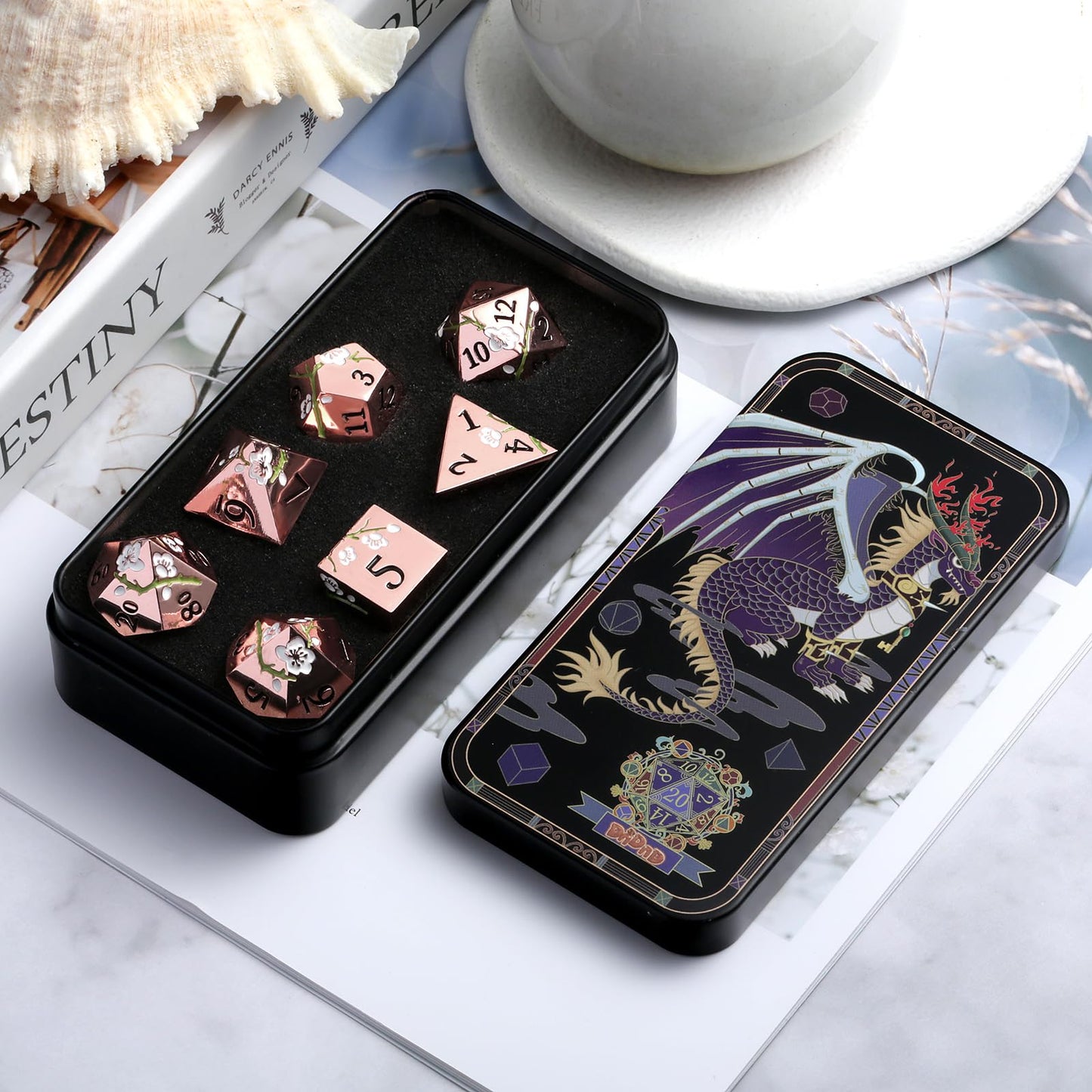 Metal Dice Set D&D, DNDND 7 PCS Flower Metallic DND Dice Set with Grogeous Gift Case for Dungeons and Dragon Tabletop Game (Gold