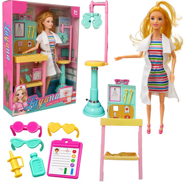 DZLING Nurse Doll Playset for Girls  Doctor & Eye Care Clinic Role Play Doll with Medical Accessories, Examination Stand, Table