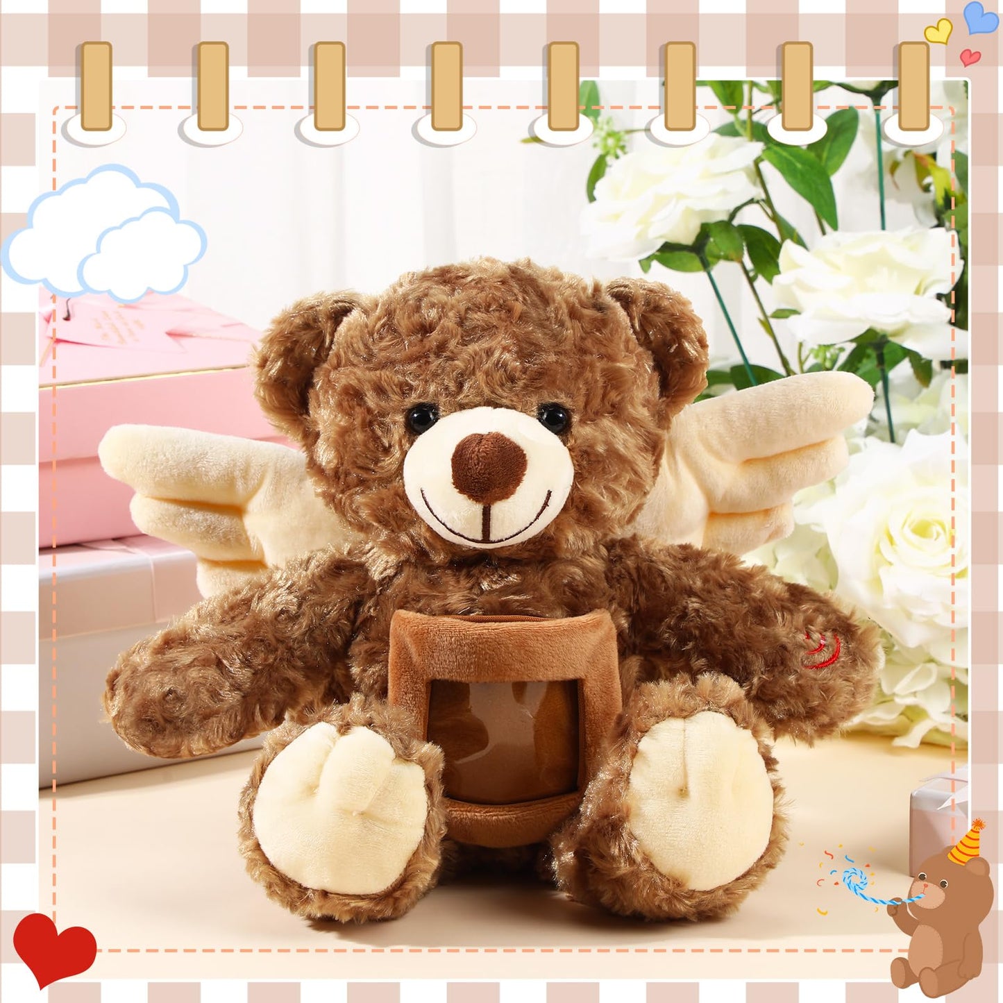 Leyndo Angel Remembrance Bear Plush Stuffed Animal, 12 Inch, Dark Brown, Voice Recorder, Picture Frame Memorial Toy for Gifts