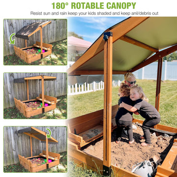 Gutinneen Sandbox With Lid And Cover For Kids Outdoor With 2 Foldable Bench Seats, Adjustable Canopy And Sand Protection Liner,