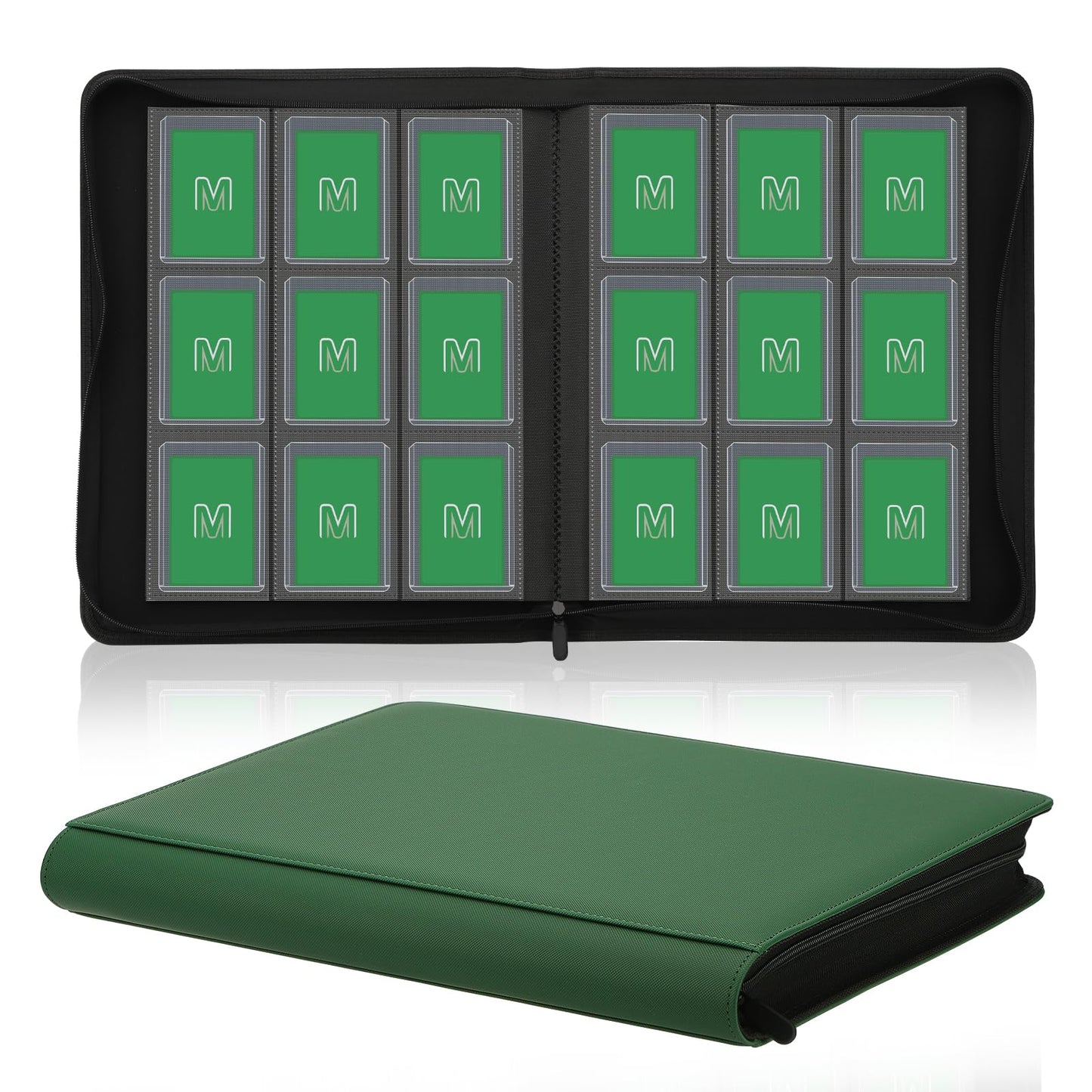 Toploader Binder Trading Card Binder Storage Hold up 288 Cards 9-Pocket Top Loader Binder with Sleeves for 3x4 Rigid Toploaders Hard Cases (9Deep Green)