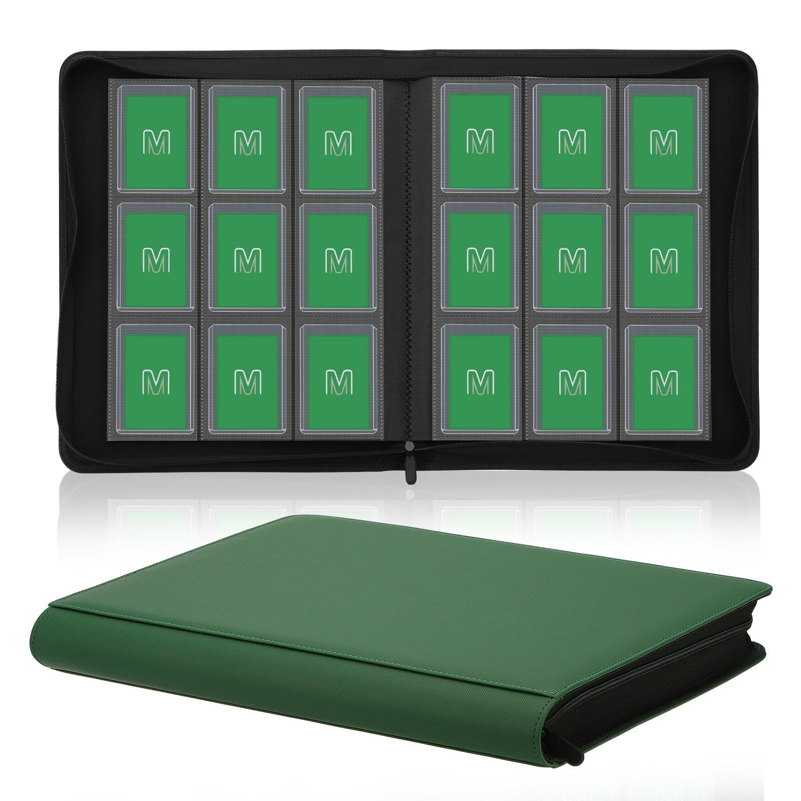 Toploader Binder Trading Card Binder Storage Hold up 288 Cards 9-Pocket Top Loader Binder with Sleeves for 3x4 Rigid Toploaders Hard Cases (9Deep Green)