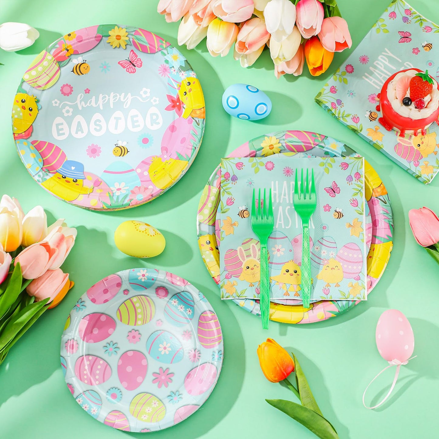 SiliFine 96 Pcs Easter Plates and Napkins Disposable Dinnerware Supplies for 24 Guests, Paper Tableware Include 9 Dinner Plates,